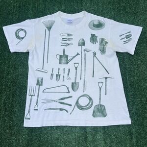 VTG Painted Lady T-Shirt Womens Large White Gradening Tools Green AOP 90s USA